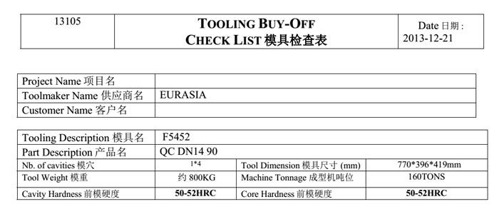 Mold Check List & Transfer Report